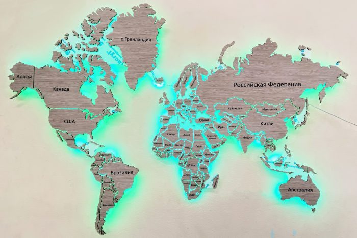 Декоративная карта Мира Дуб 2325Q со светодиодной многоцветной подсветкой с управлением с пульта