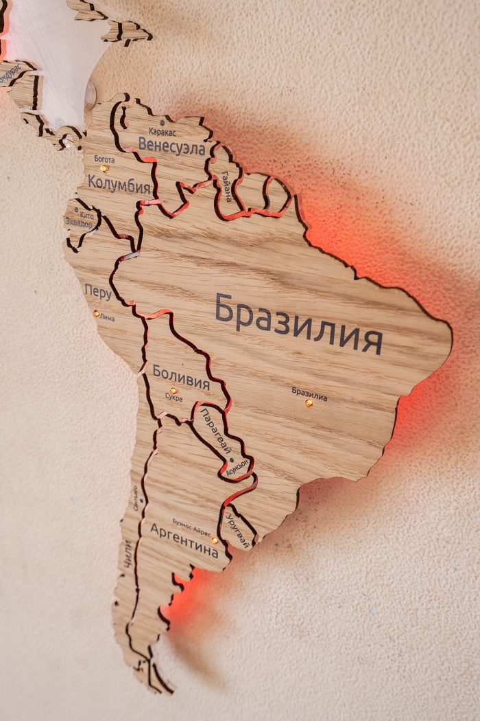 Карта Мира Дуб с подсветкой столиц