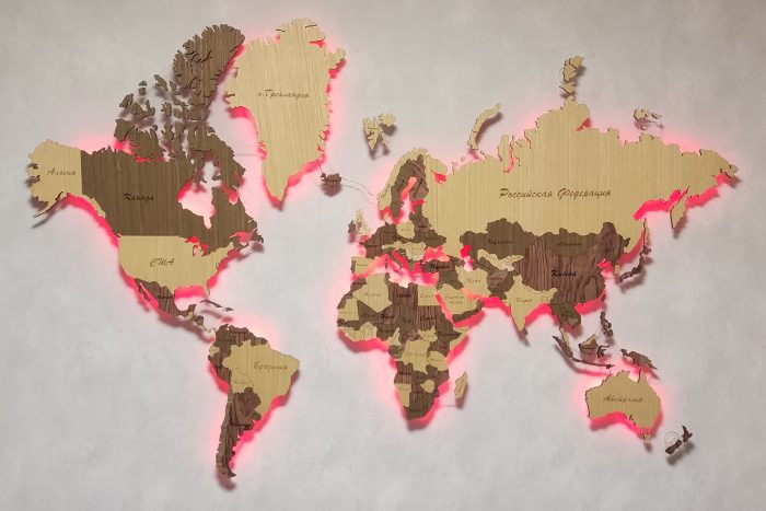 Деревянная карта мира с управляемой дистанционно подсветкой